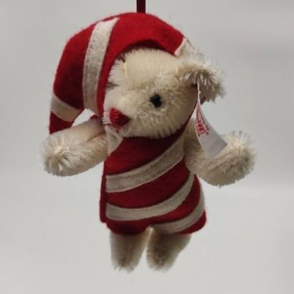 Vintage Steiff Teddy Bear White Candy Cane Outfit Christmas Tree Ornament 4-1/2"